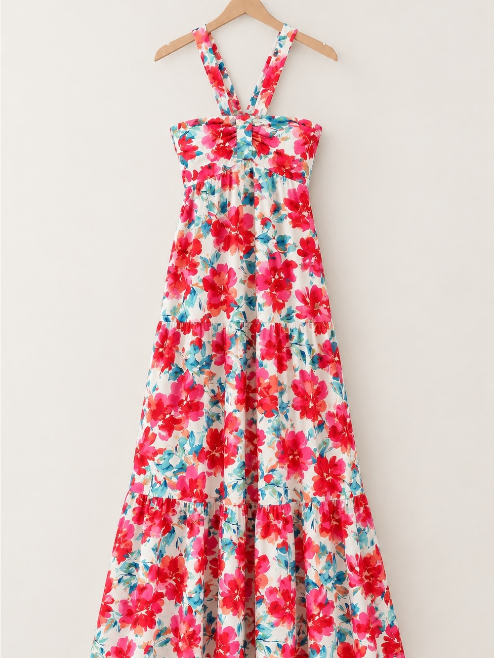 Floral Maxi Dress with Cross Back Straps - Pink & Blue
